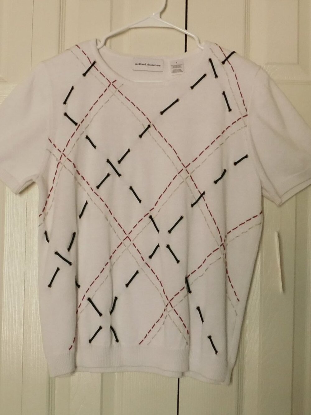 ALFRED DUNNER Womens White Knit Top Preppy Textured Diamond Pattern Small NWT